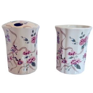 Vintage Ceramic Toothbrush Holder and Cup in Shades of Pinks/Blue/Greens and Tan